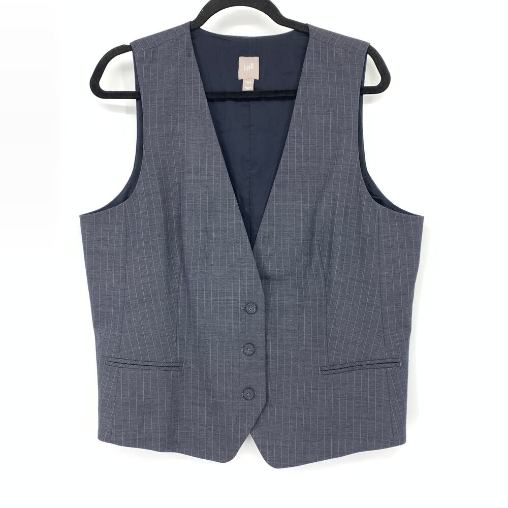 J. Jill Three Button V-Neck Vest Womens Sz L Wool Blend Blue Pinstripe Stretch